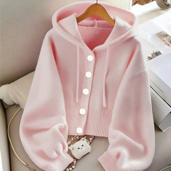 Sweaters - Baby Pink Casual Women's Button down Long Sleeve Drawstring Hooded Knit Cardigan